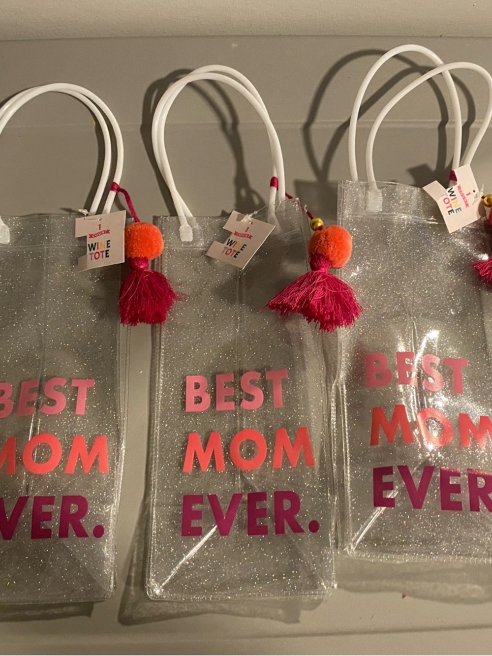 Best Mom Ever Glitter Wine Tote - Pink/Orange Accents